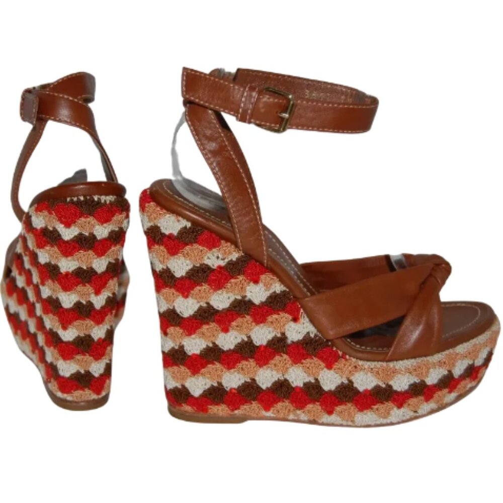 VINTAGE - Sergio Rossi Crochet and Leather Platform Wedges SZ -10 - Picture 2 of 6